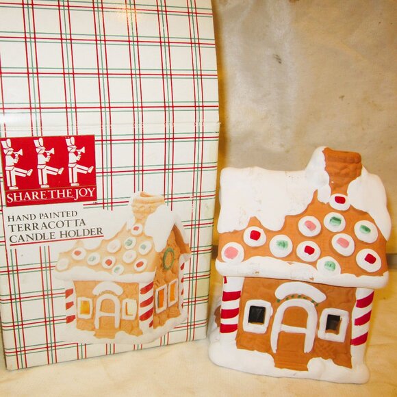 VTG TERRACOTTA GINGERBREAD HOUSE CANDLE HOLDER W/BOX - Picture 1 of 9